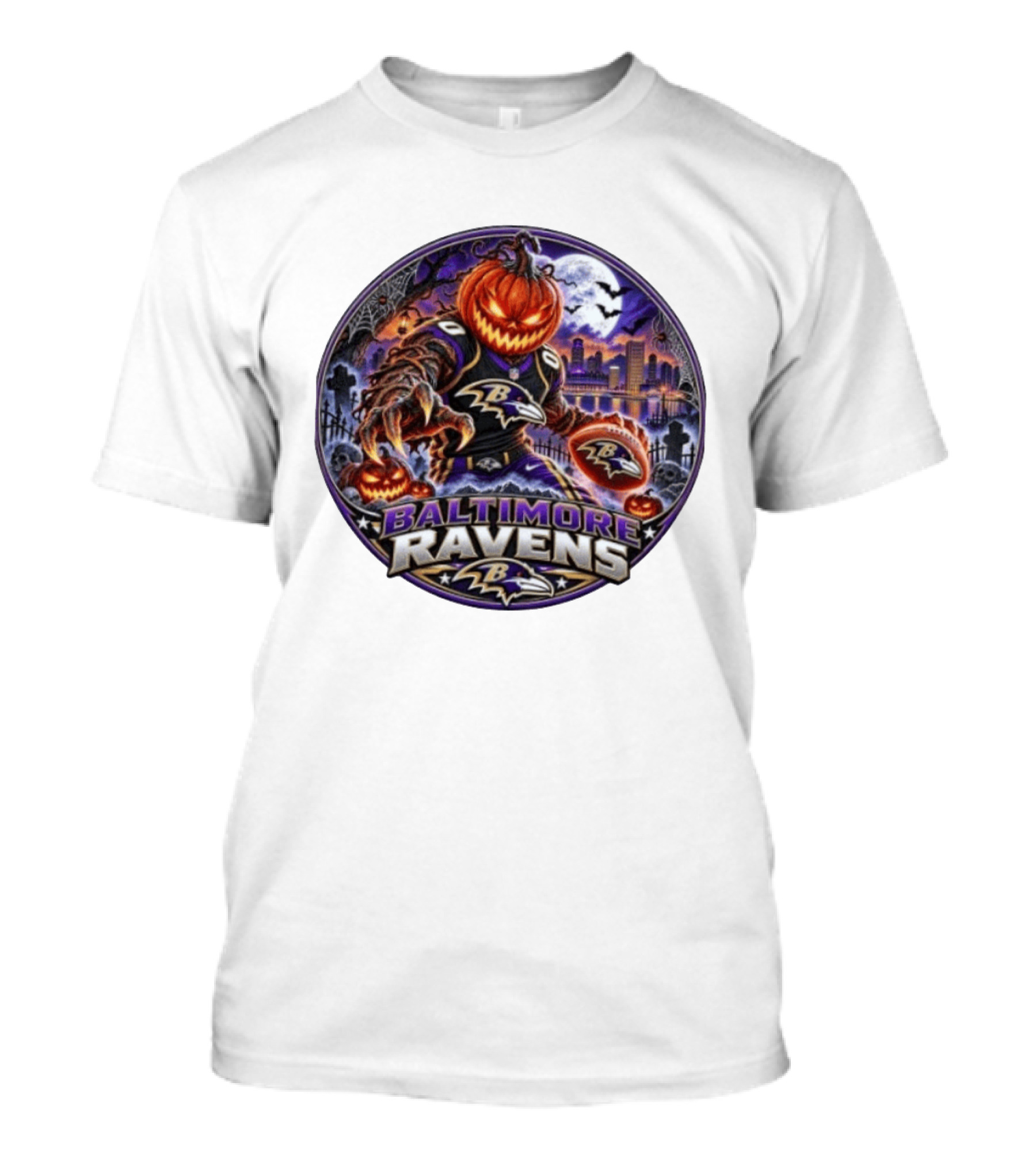 Baltimore Ravens Jack O' Lantern Halloween Football Spooky Night Ravens Stadium Skyline T-Shirt