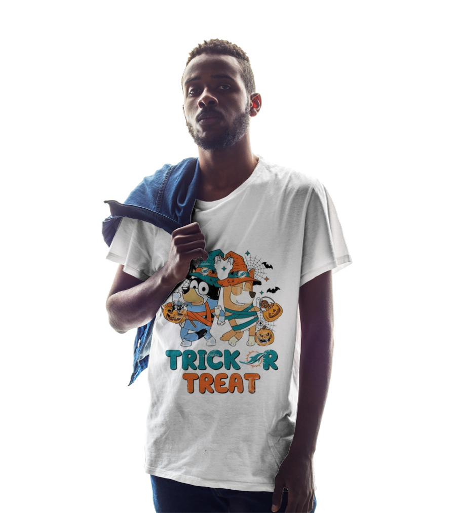 Miami Dolphins Bluey Trick Or Treat Halloween Pumpkin Spooky Costumes T-Shirt