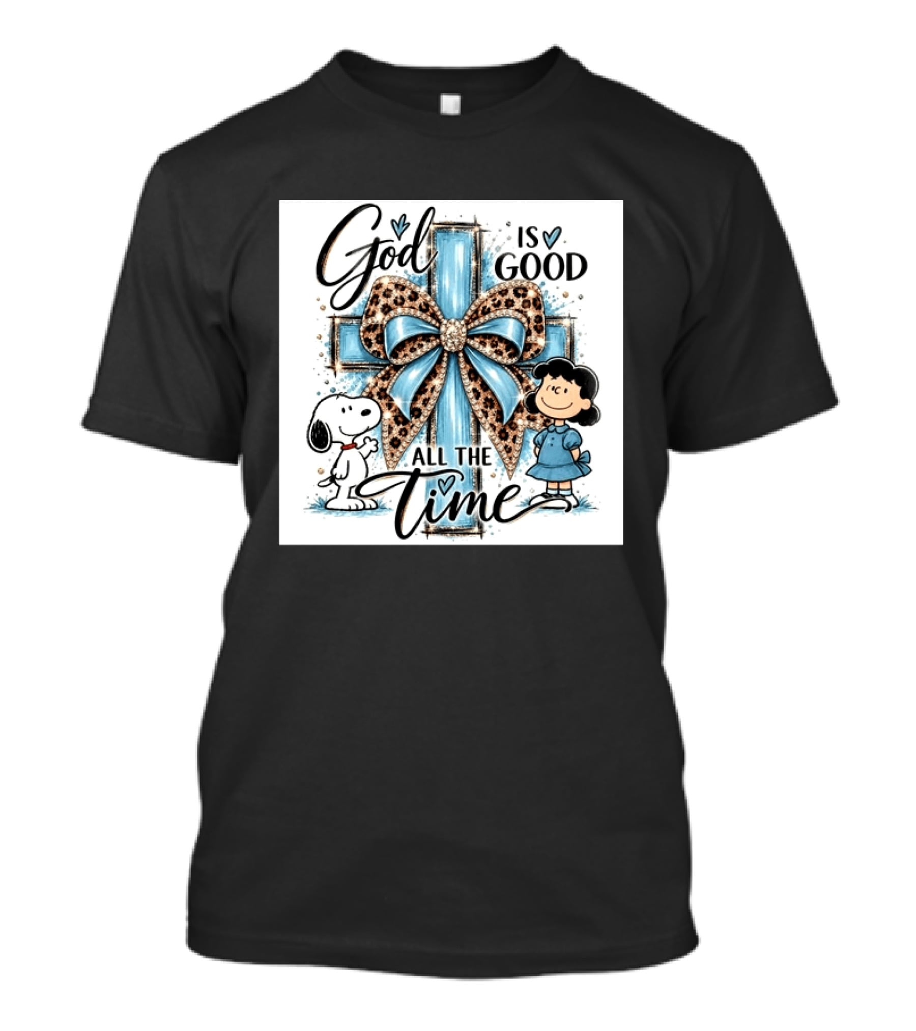 Snoopy And Lucy God Is Good All The Time Blue Cross And Leopard Bow T-Shirt