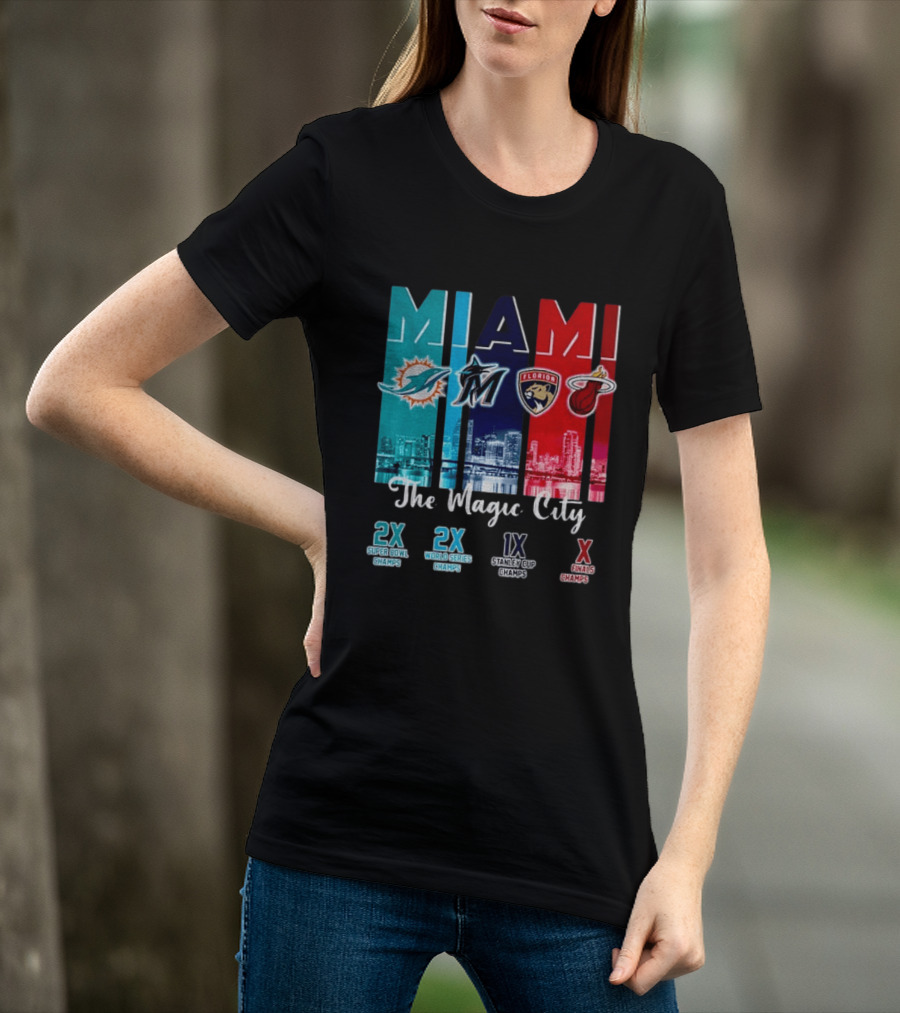 MIAMI The Magic City Dolphins Marlins Panthers Heat Champs T-Shirt