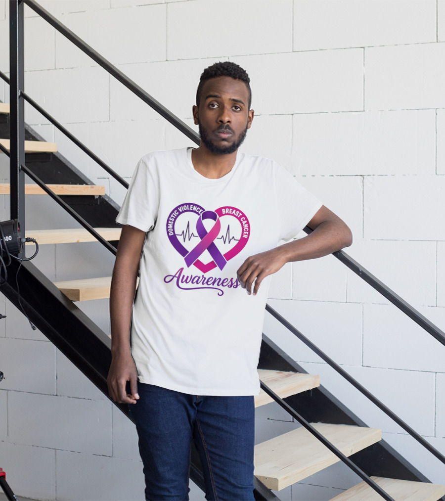 Domestic Violence And Breast Cancer Awareness Heart Ribbon Purple Pink T-Shirt