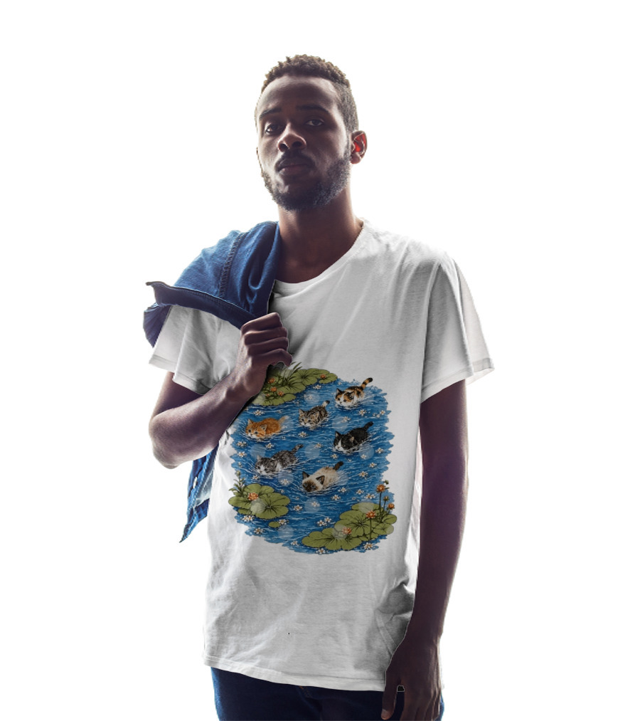 Kittens Swimming Among Water Lilies In Pond Scene T-Shirt
