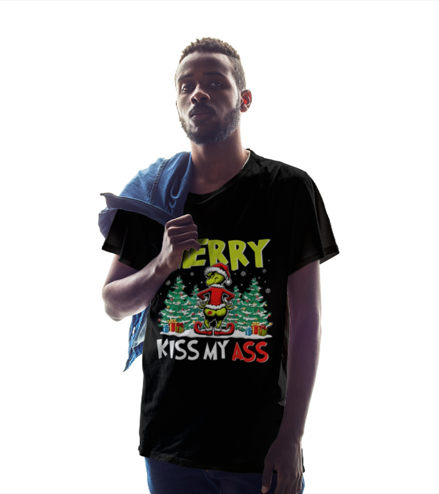 Merry Kiss My Ass Grinch Santa Outfit Mooning Christmas Trees And Gifts T-Shirt