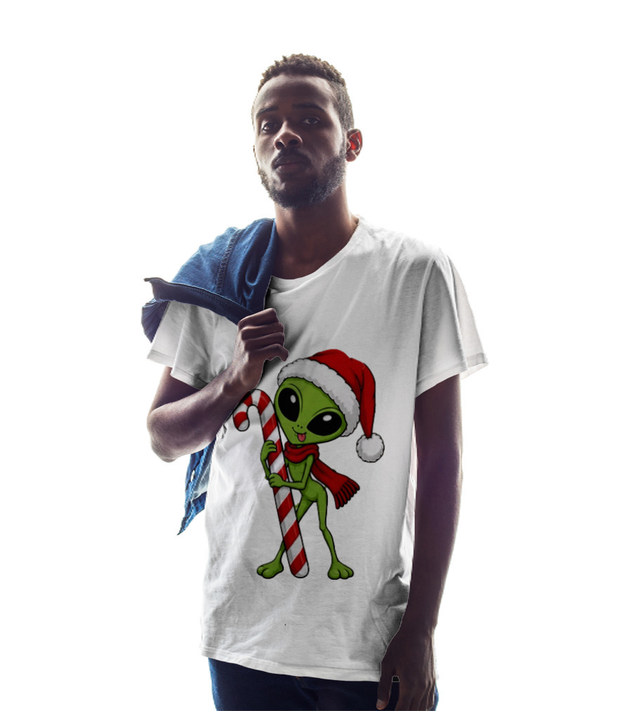 Green Santa Hat Alien With Red Scarf Holding Candy Cane Christmas T-Shirt