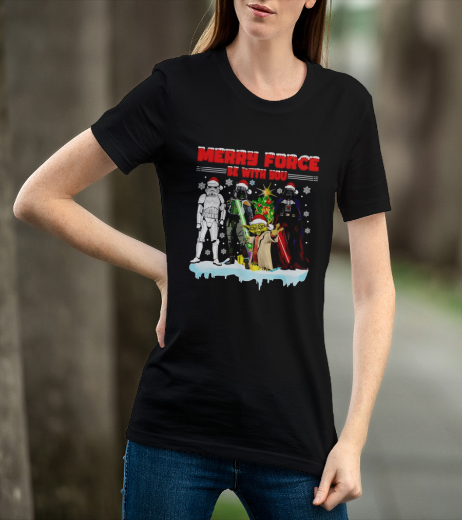 Star Wars Merry Force Be With You Christmas Characters Stormtrooper Yoda Darth Vader Santa Hats T-Shirt