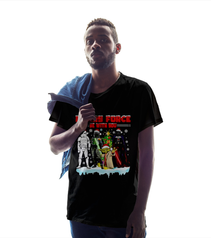 Star Wars Merry Force Be With You Christmas Characters Stormtrooper Yoda Darth Vader Santa Hats T-Shirt