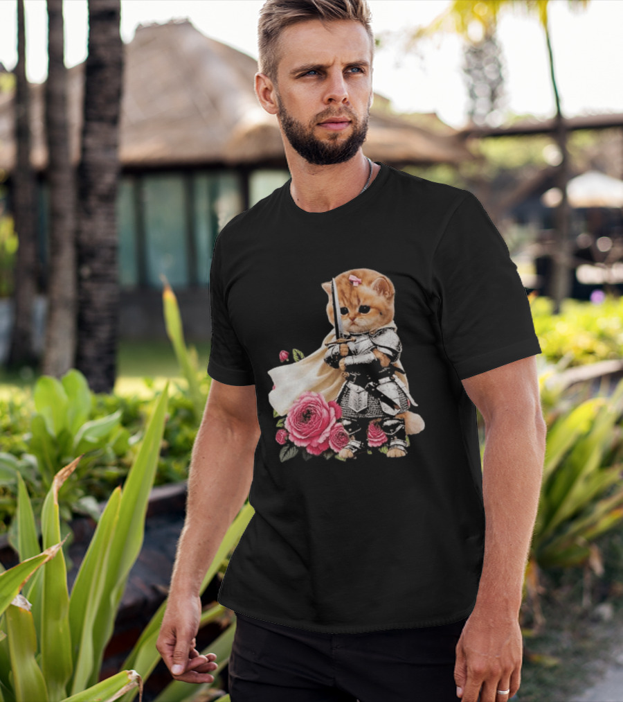 Knight Cat Holding Sword With Roses T-Shirt