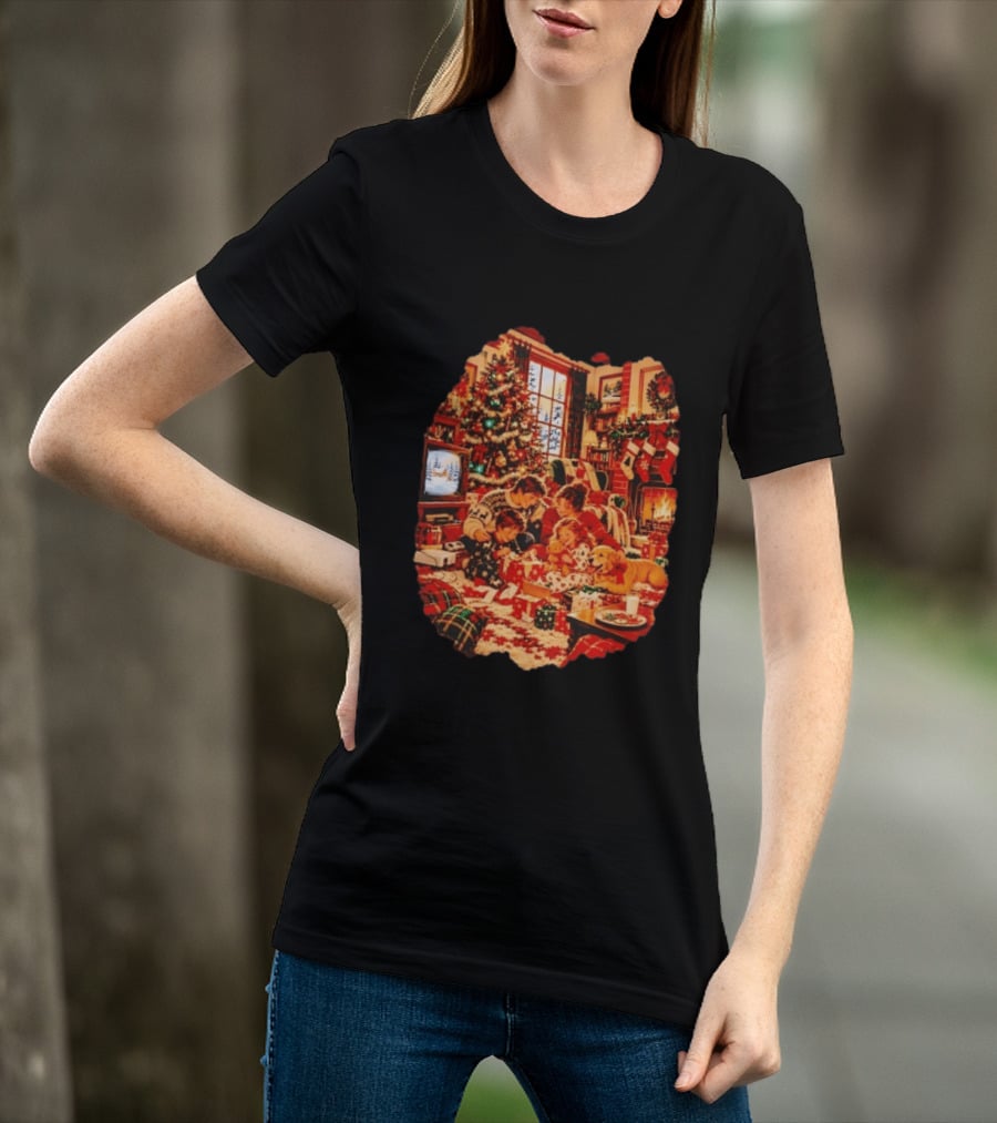 Cozy Christmas Morning Family Scene By The Fireplace With Tree And Stockings T-Shirt