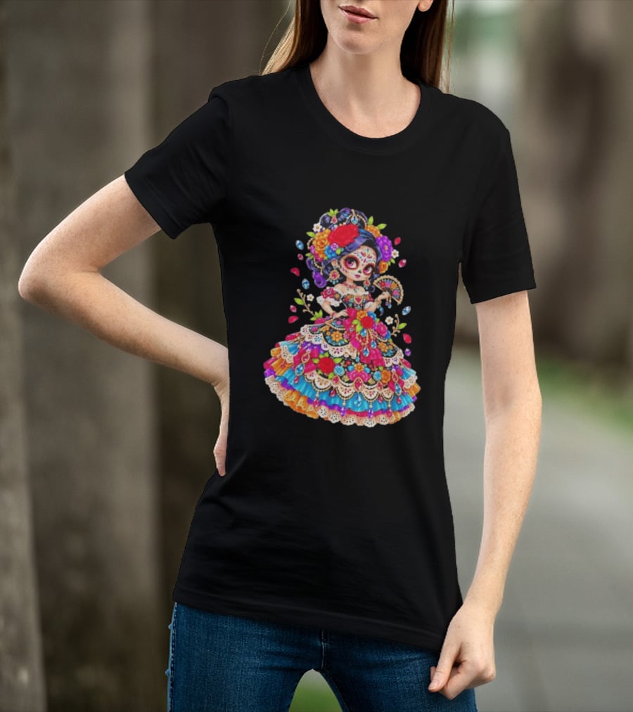 Day Of The Dead Catrina Girl Floral Dress Colorful Sugar Skull T-Shirt