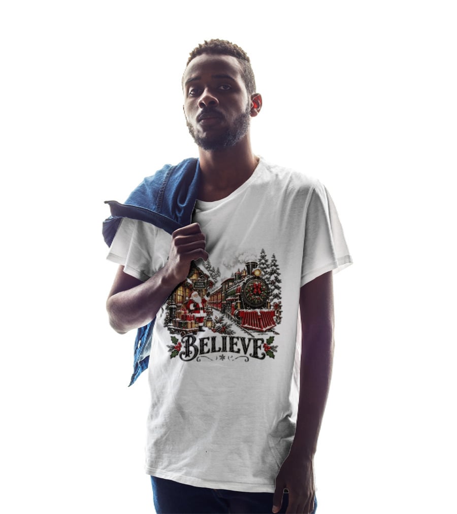 Believe Santa Claus At The Christmas Train Station With Snowy Locomotive Ornaments T-Shirt