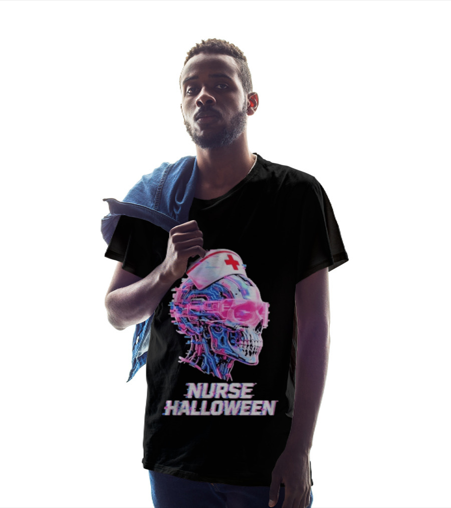 Nurse Halloween Cybernetic Skull Glitch Futuristic Nurse Cap And Neon Skull T-Shirt