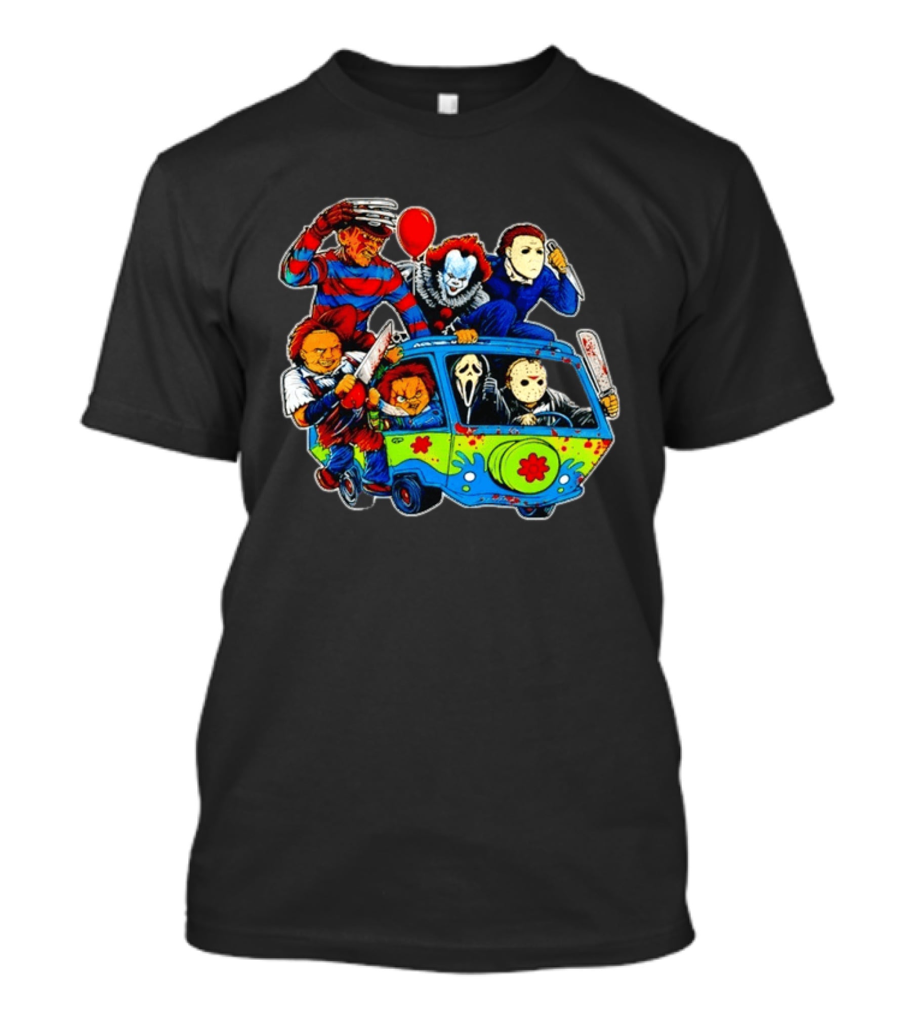 Horror Movie Icons Ride In Mystery Machine Van With Murderous Villains T-Shirt