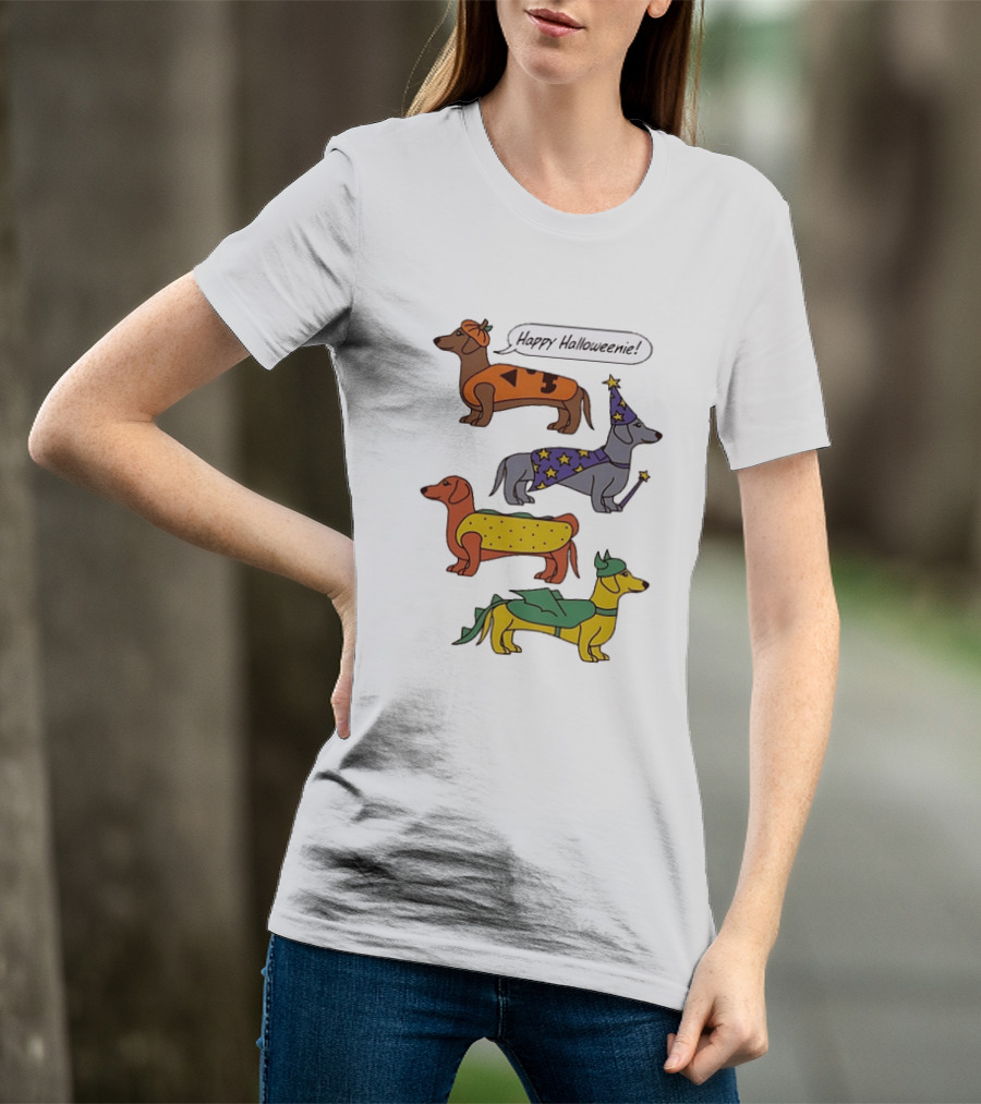 Happy Halloweenie Dachshund Dogs Costumes Pumpkin Wizard Hot Dog Dragon T-Shirt