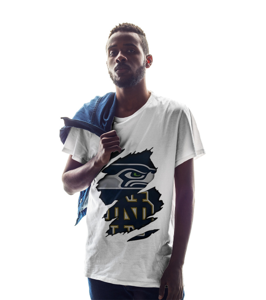 Seattle Seahawks Notre Dame Fighting Irish Ripped Effect NCAA Logos T-Shirt