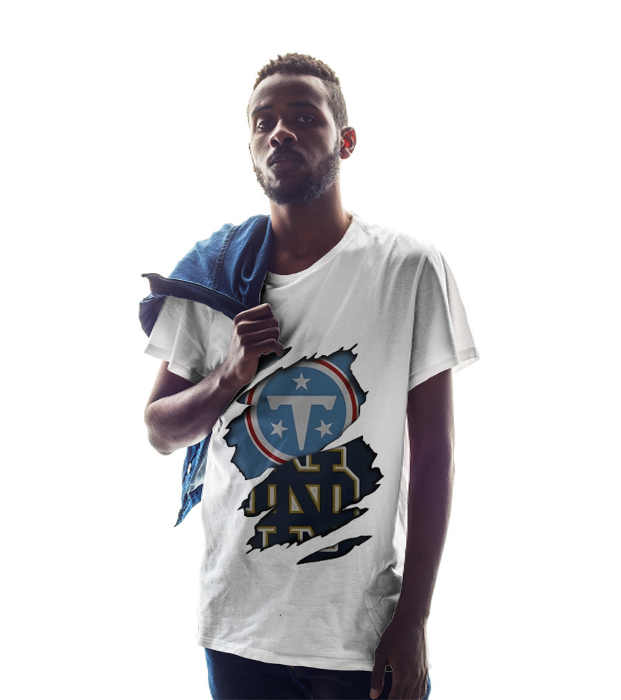 Tennessee Titans Notre Dame Fighting Irish Ripped NCAA Football Collaboration T-Shirt