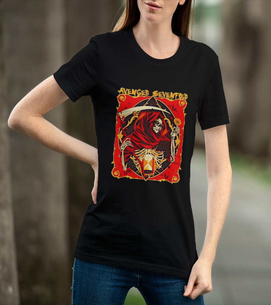 Avenged Sevenfold Grim Reaper Scythe Skeleton Hourglass Cloaked Skeleton T-Shirt