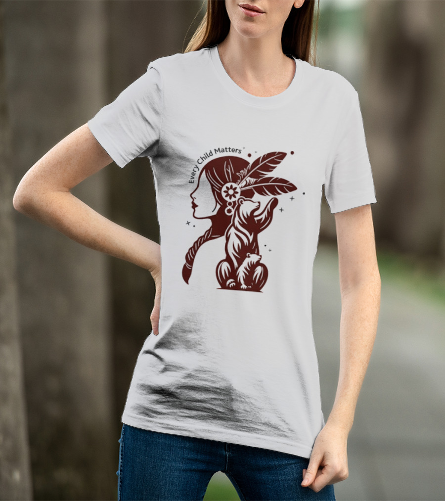 Every Child Matters Indigenous Woman Profile With Bear And Feathers T-Shirt