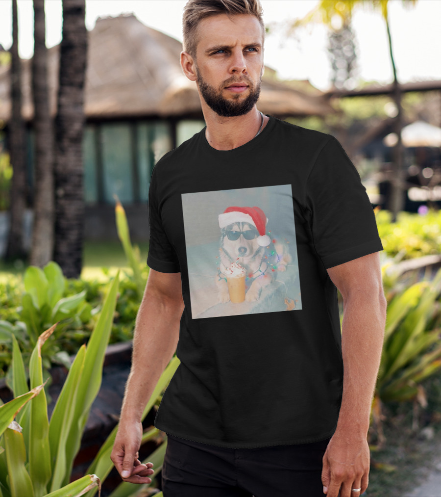 Husky Dog Santa Hat Sunglasses Christmas Lights And Holiday Drink T-Shirt