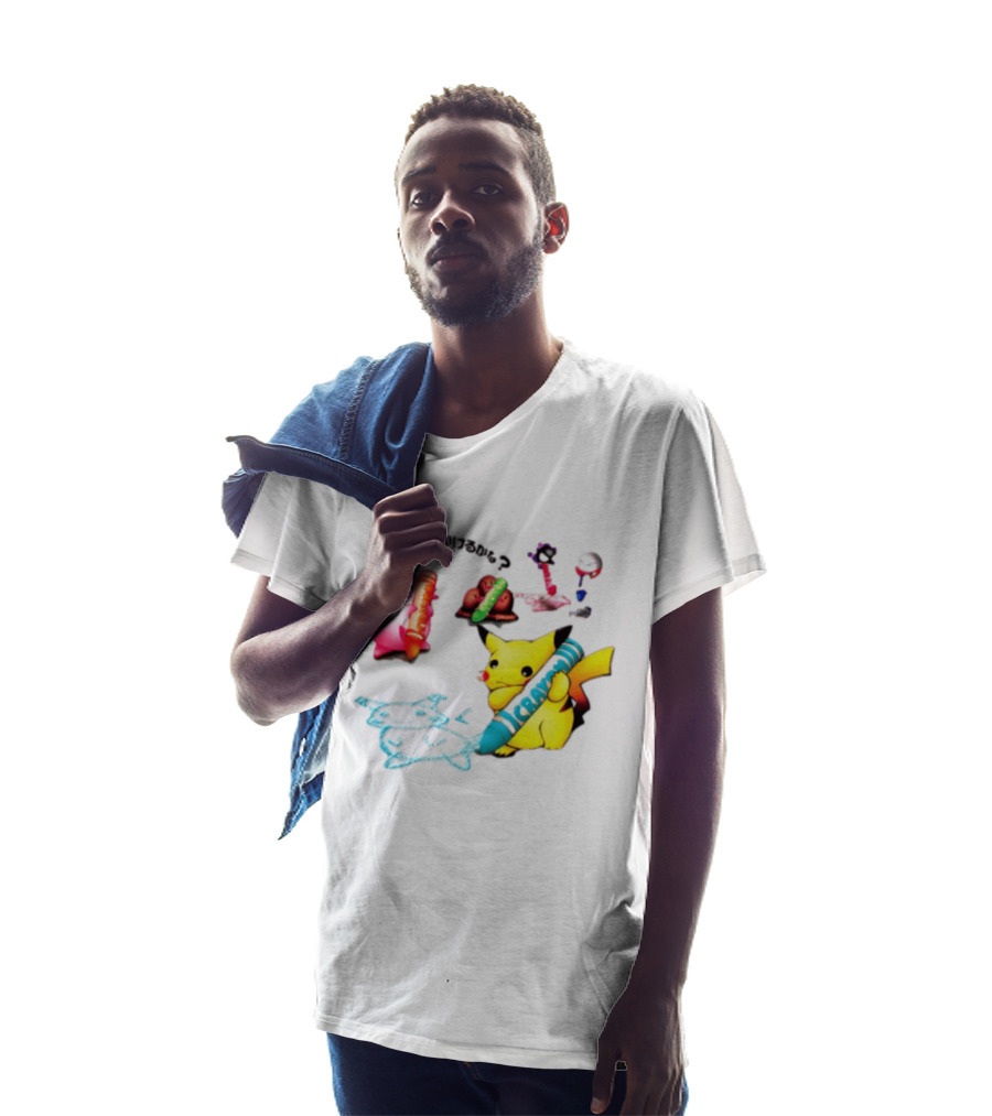 Pikachu Crayon Drawing Pokémon Characters Cartoon Art Japan T-Shirt