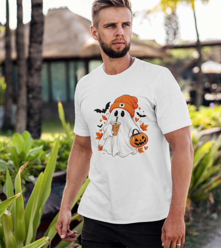 Ghost In Orange Beanie Holding Iced Coffee With Pumpkin Basket And Bat T-Shirt
