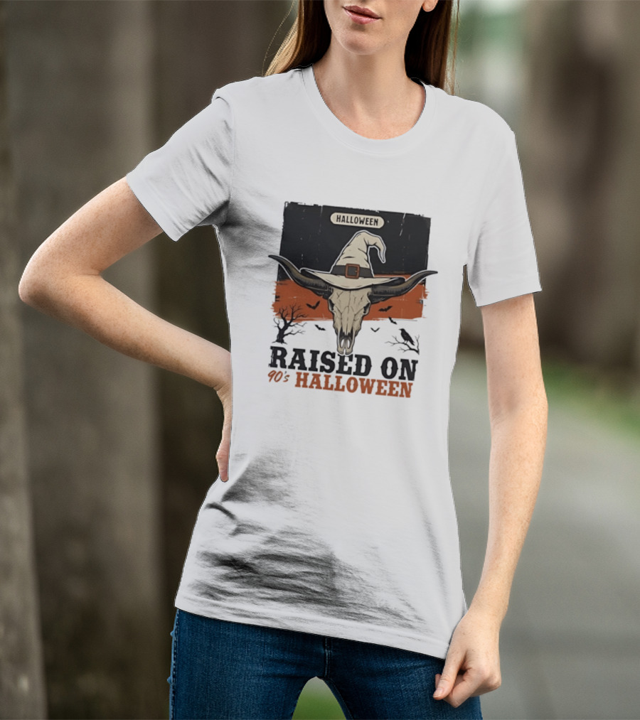 Raised On 90s Halloween Bull Skull With Witch Hat And Spooky Bats T-Shirt