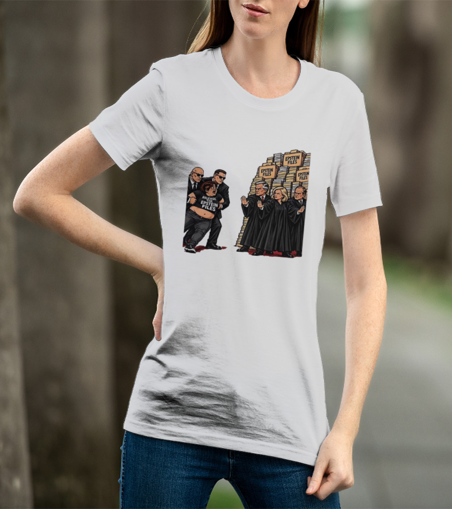 Release The Epstein Files Political Cartoon With Epstein Files Stacks And Judges T-Shirt