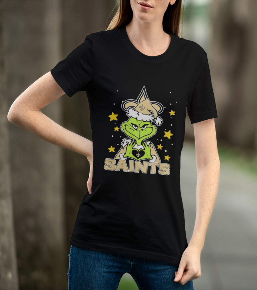 New Orleans Saints Grinch Heart Hands Christmas Holiday 2026 T-Shirt