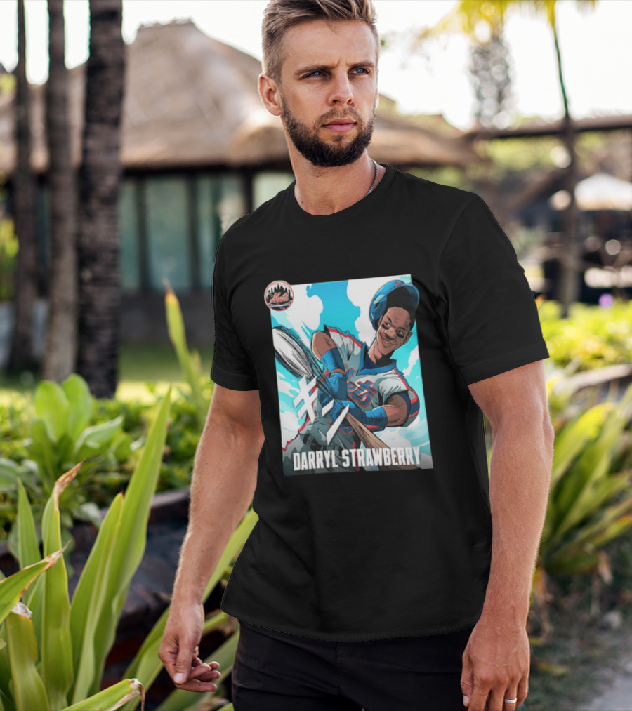 Darryl Strawberry New York Mets MLB Baseball Player Swinging Bat Cartoon T-Shirt