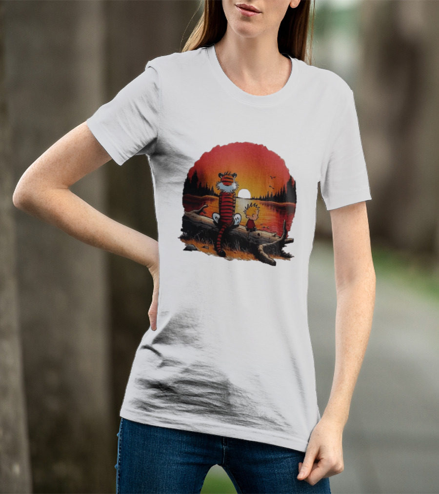 Calvin And Hobbes Log Sunset Lake Scene T-Shirt