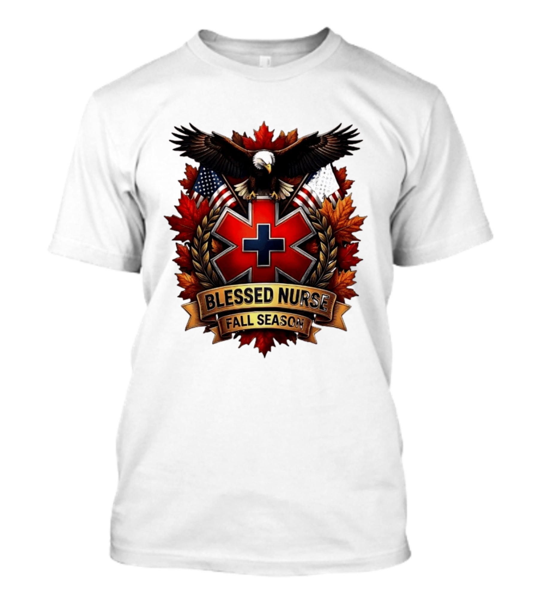 Blessed Nurse Fall Season American Eagle Maple Leaves EMS Star Of Life Flags T-Shirt
