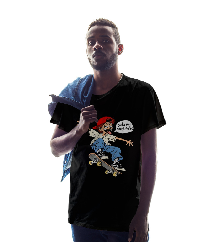 Outa My Way Nerds Skater Cartoon Tongue Out Red Cap Blue Pants White T-Shirt