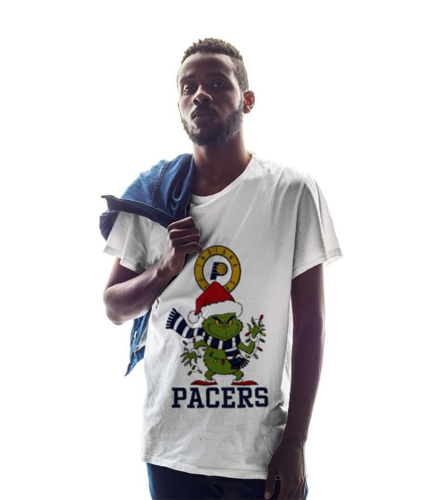 Pacers Christmas Grinch With Santa Hat And Lights T-Shirt