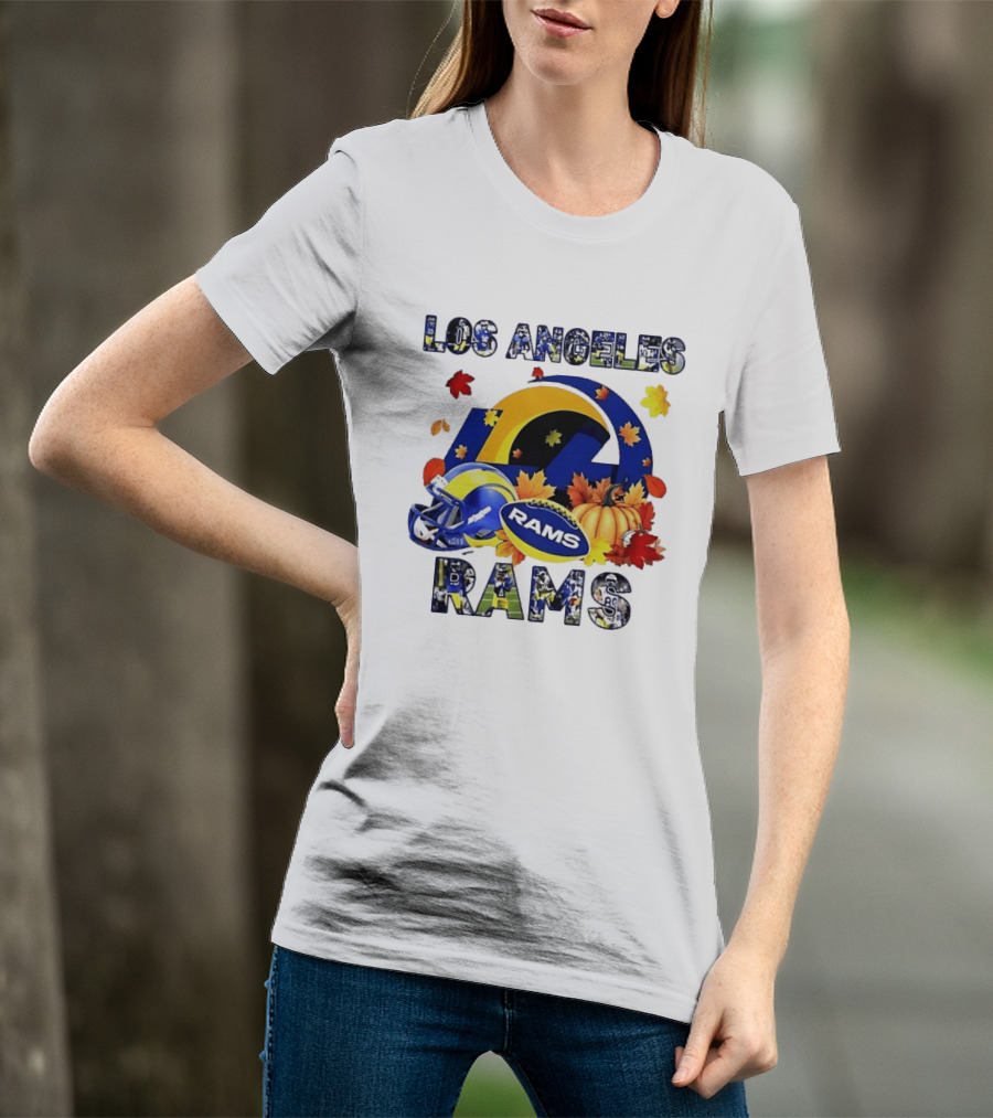 Los Angeles Rams Halloween Fall Football With Leaves And Pumpkin T-Shirt