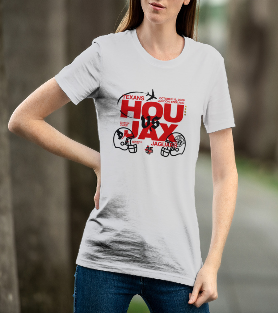 Texans Vs Jaguars London October 2023 NFL Matchup HOU JAX Helmets And Airplane T-Shirt