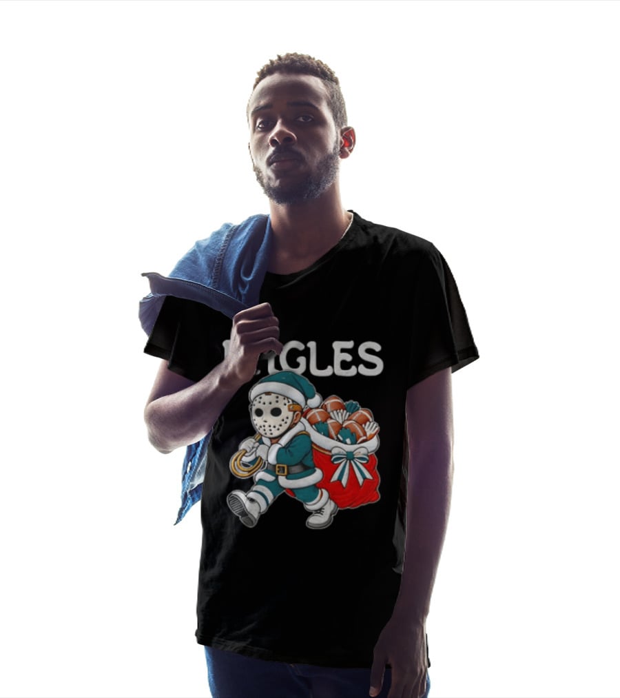 Eagles Christmas Santa With Horror Mask And Football Sack T-Shirt