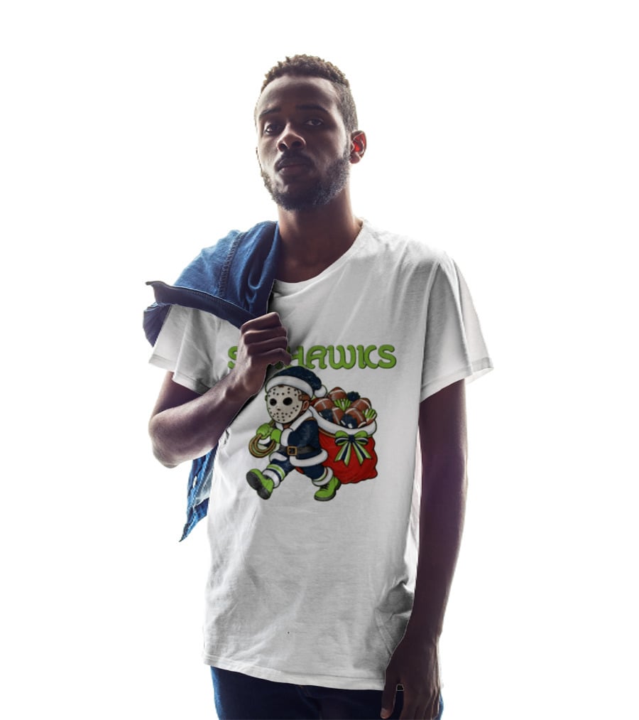 Seahawks Football Christmas Horror Santa Sack Green Blue T-Shirt