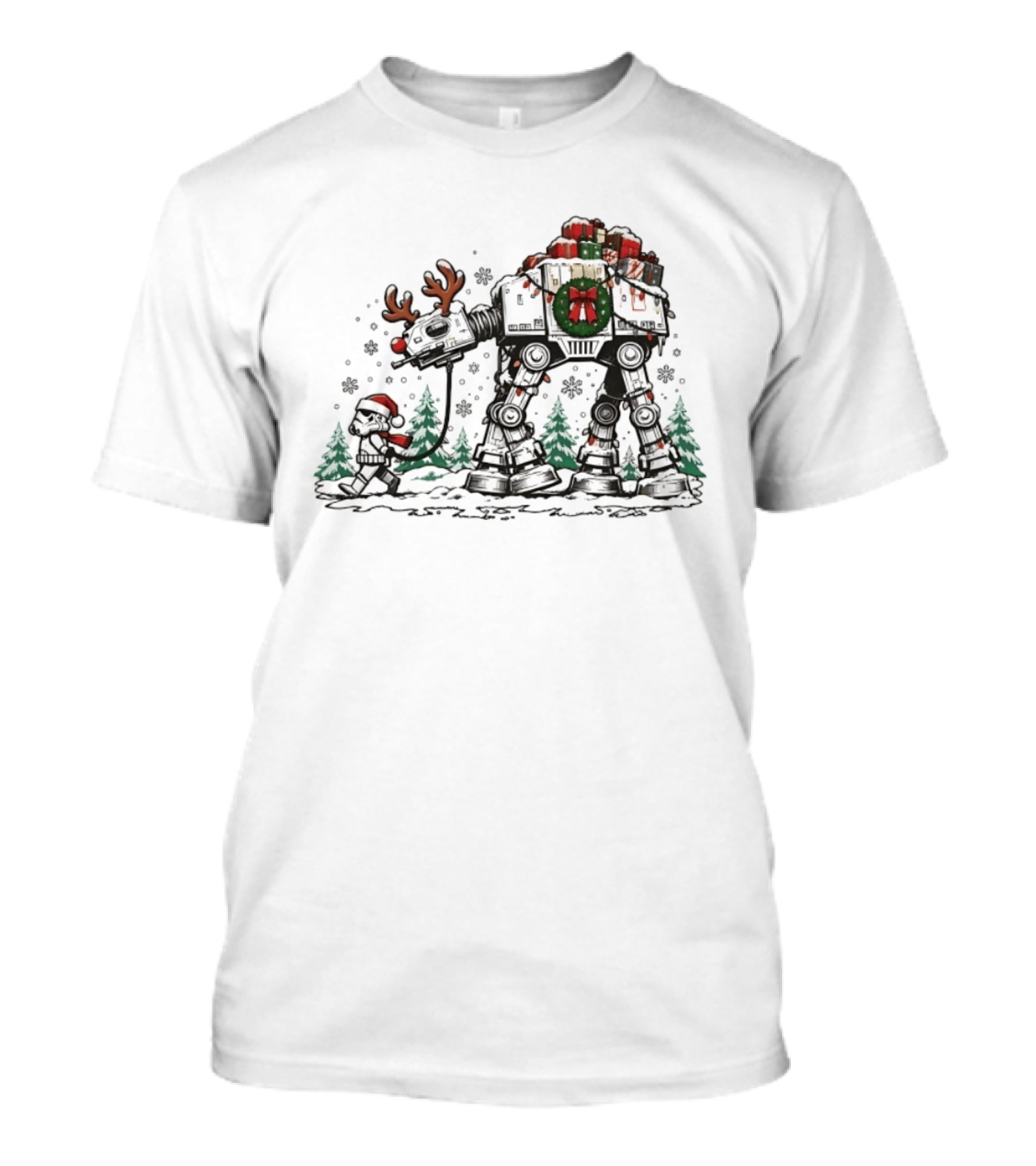 Star Wars Stormtrooper Leading Christmas AT AT Reindeer With Gifts T-Shirt