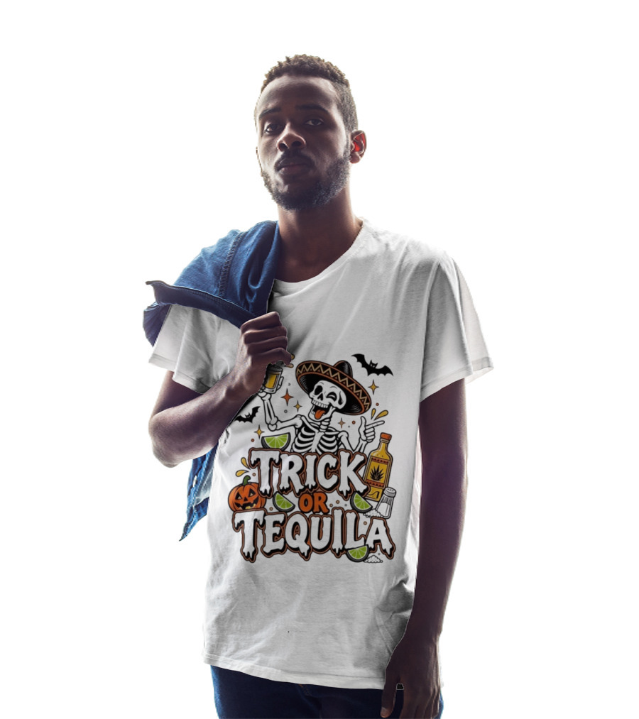 Trick Or Tequila Skeleton Sombrero Halloween Party Pumpkin Bats Lime T-Shirt