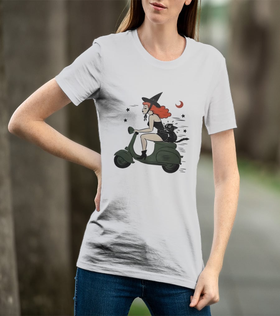 Witch Riding A Scooter With A Cat T-Shirt