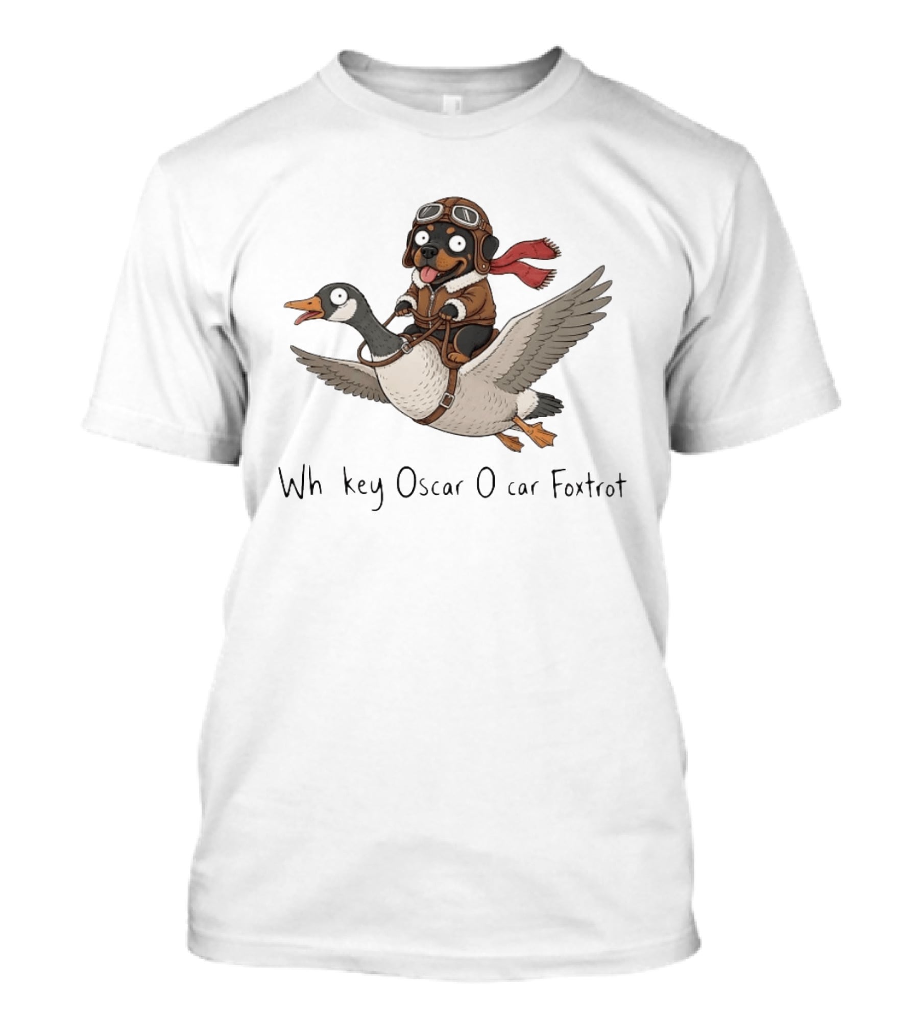 Rottweiler Pilot Riding A Goose Whiskey Oscar Oscar Foxtrot Aviation Adventure T-Shirt