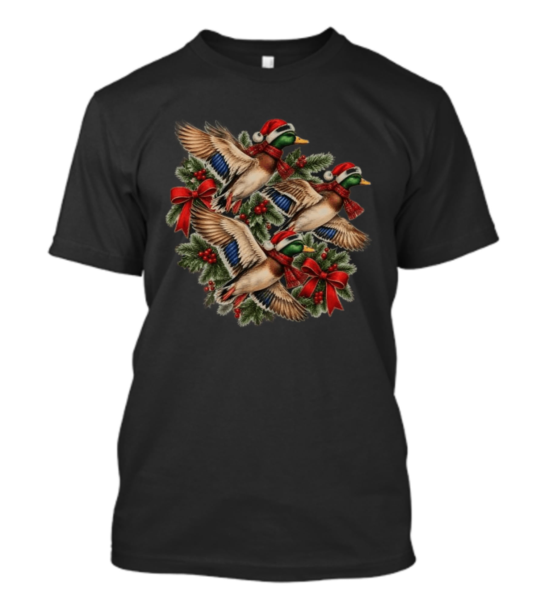 Flying Mallard Ducks With Santa Hats And Christmas Scarves In Festive Wreath T-Shirt