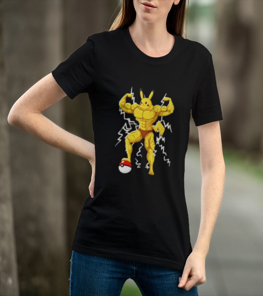 Pikachu Muscular Pokemon Character Flexing Lightning Power T-Shirt