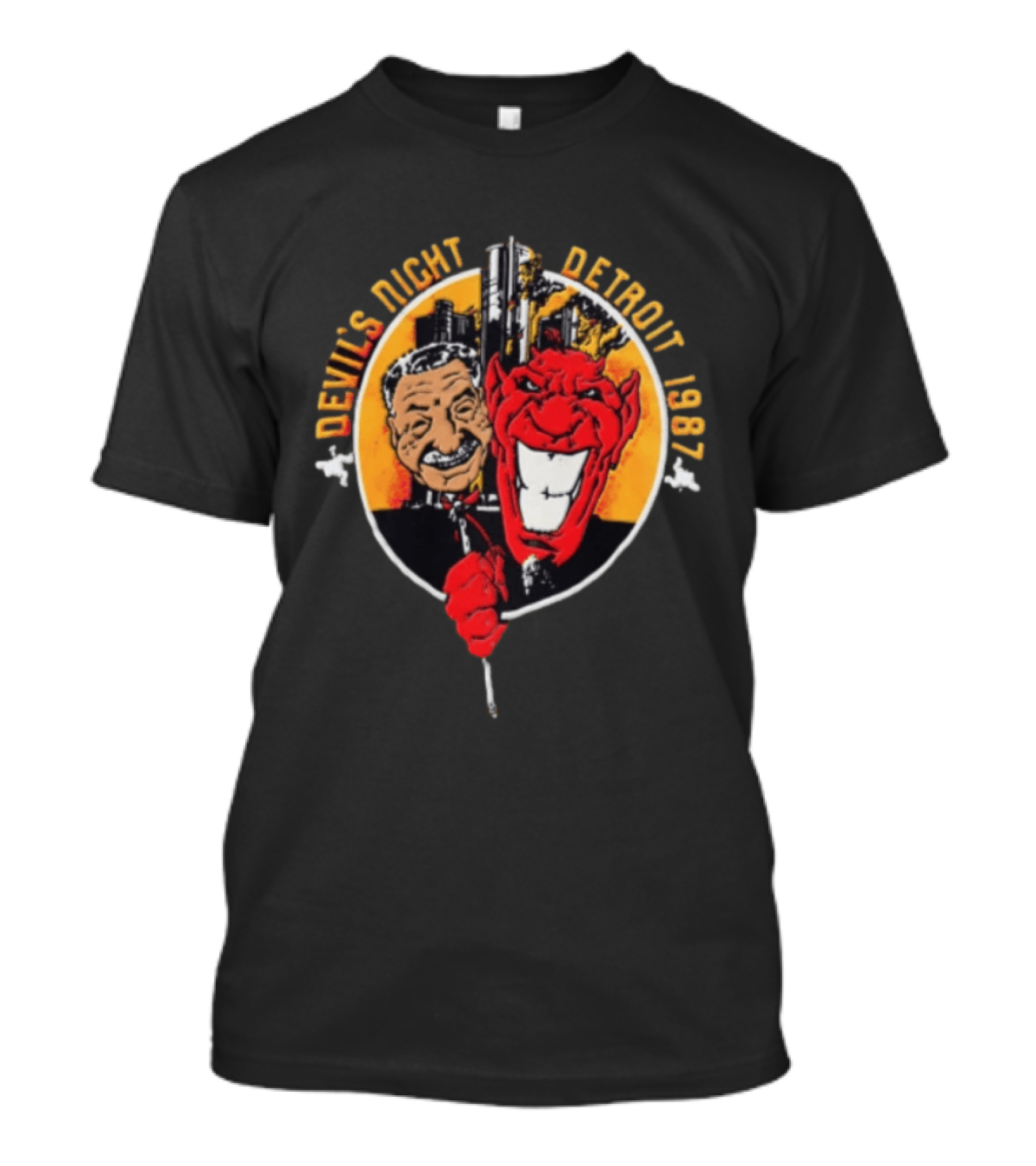 Devils Night 1987 Detroit Man And Red Devil Cartoon Skyline T-Shirt