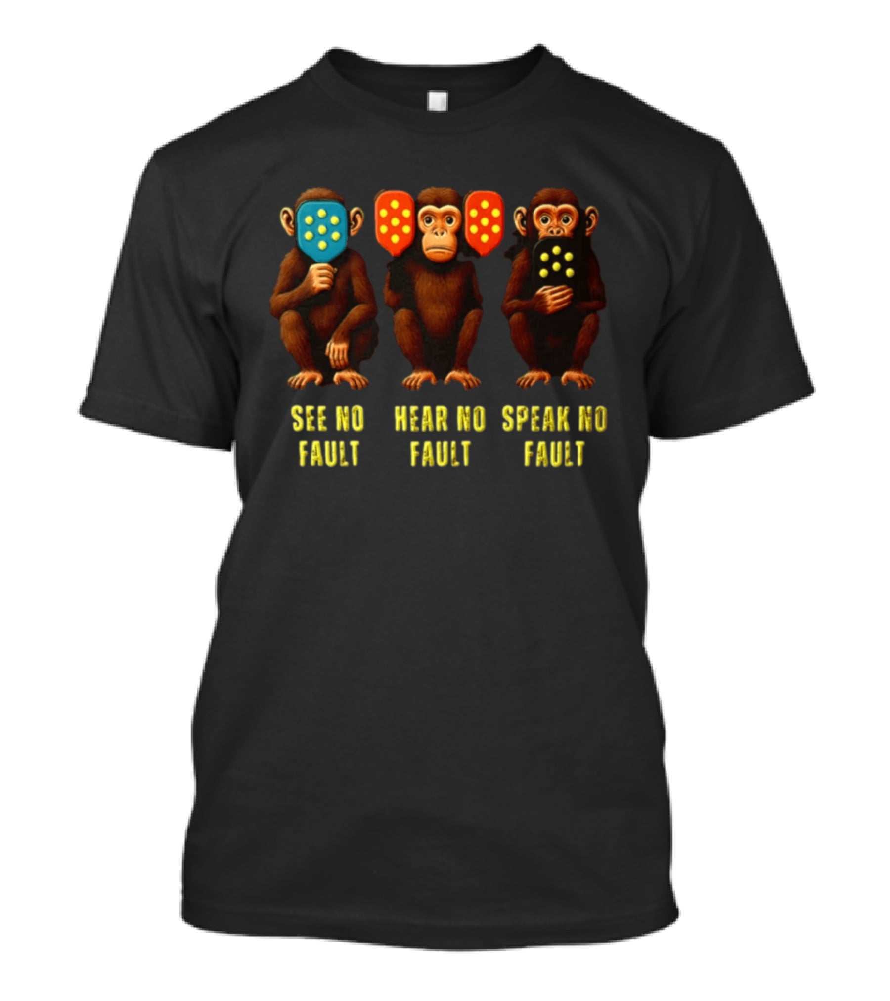 See No Fault Hear No Fault Speak No Fault Three Monkeys Pickleball Paddles T-Shirt