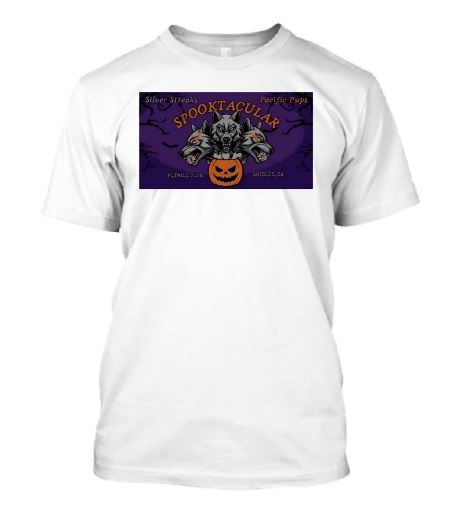 Silver Streaks Pacific Pups Spooktacular Flyball 2026 Gridley CA Halloween Three Headed Wolf Pumpkin T-Shirt
