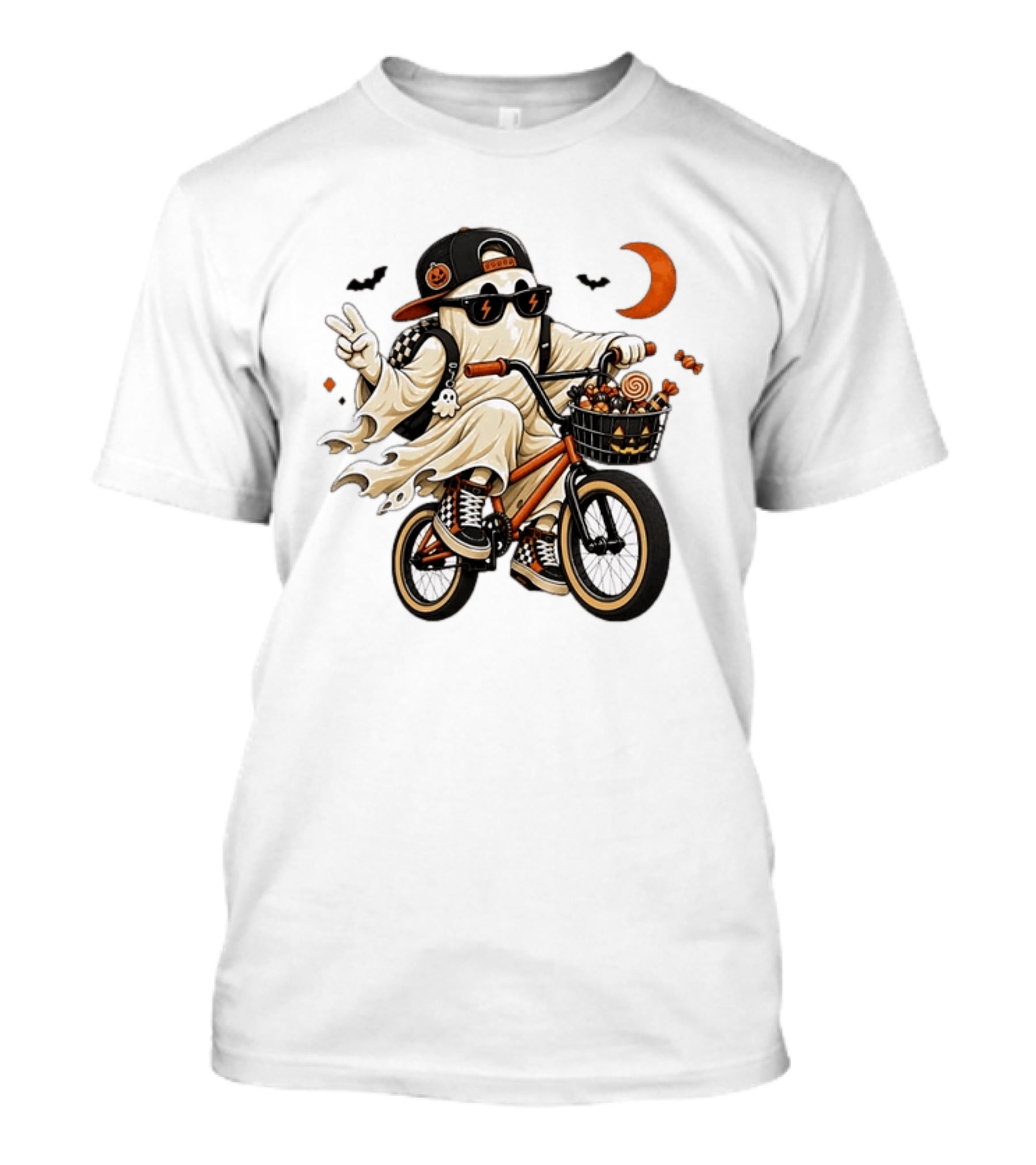 Ghost On Bike With Halloween Candy And Peace Sign Moon And Bats T-Shirt