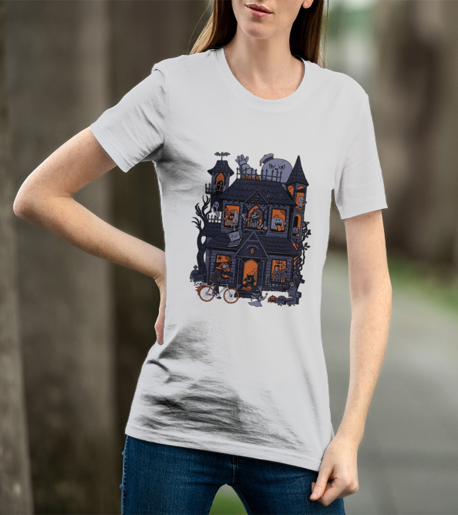 Haunted House With Stay Puft Marshmallow Man Horror Characters T-Shirt