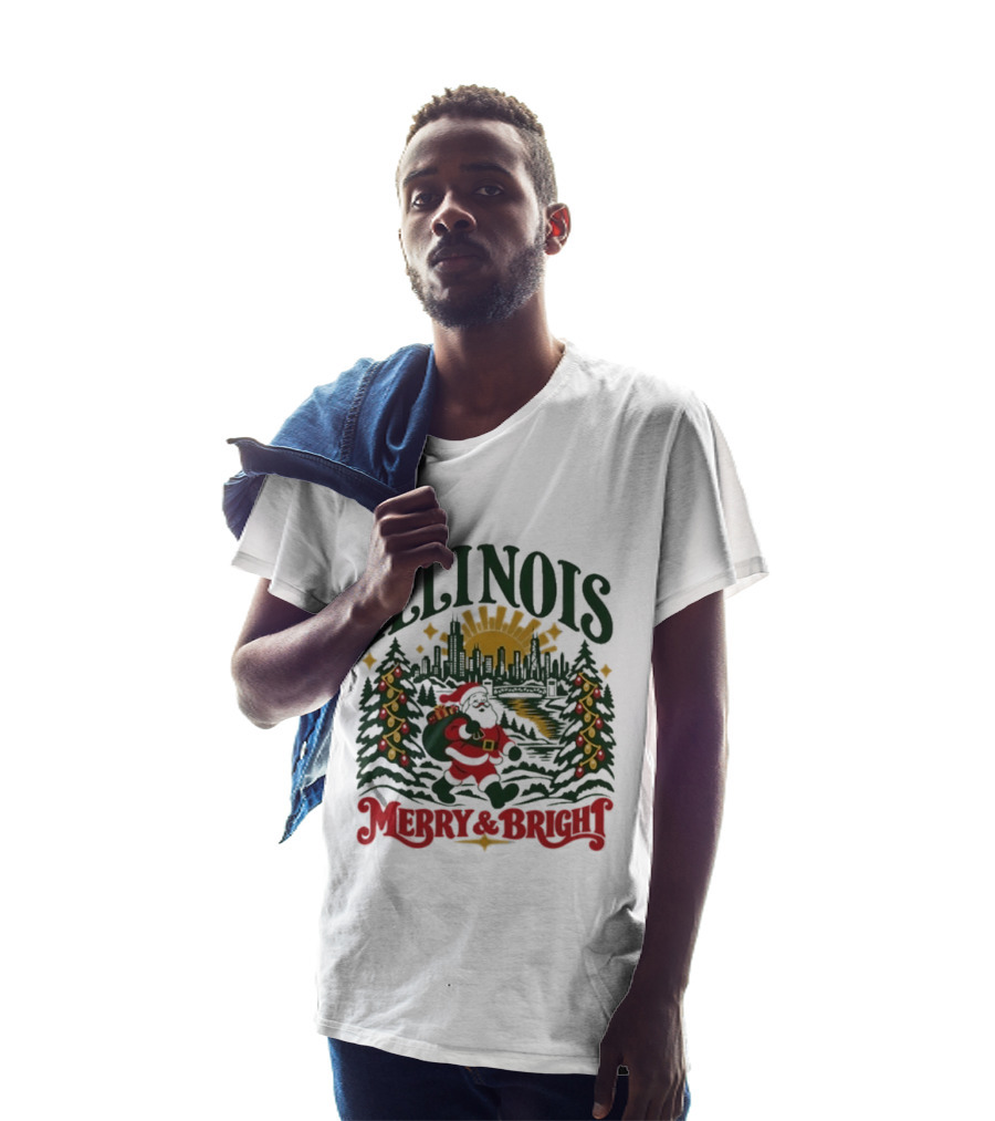 Illinois Merry And Bright Christmas Santa Skyline Forest 2026 T-Shirt