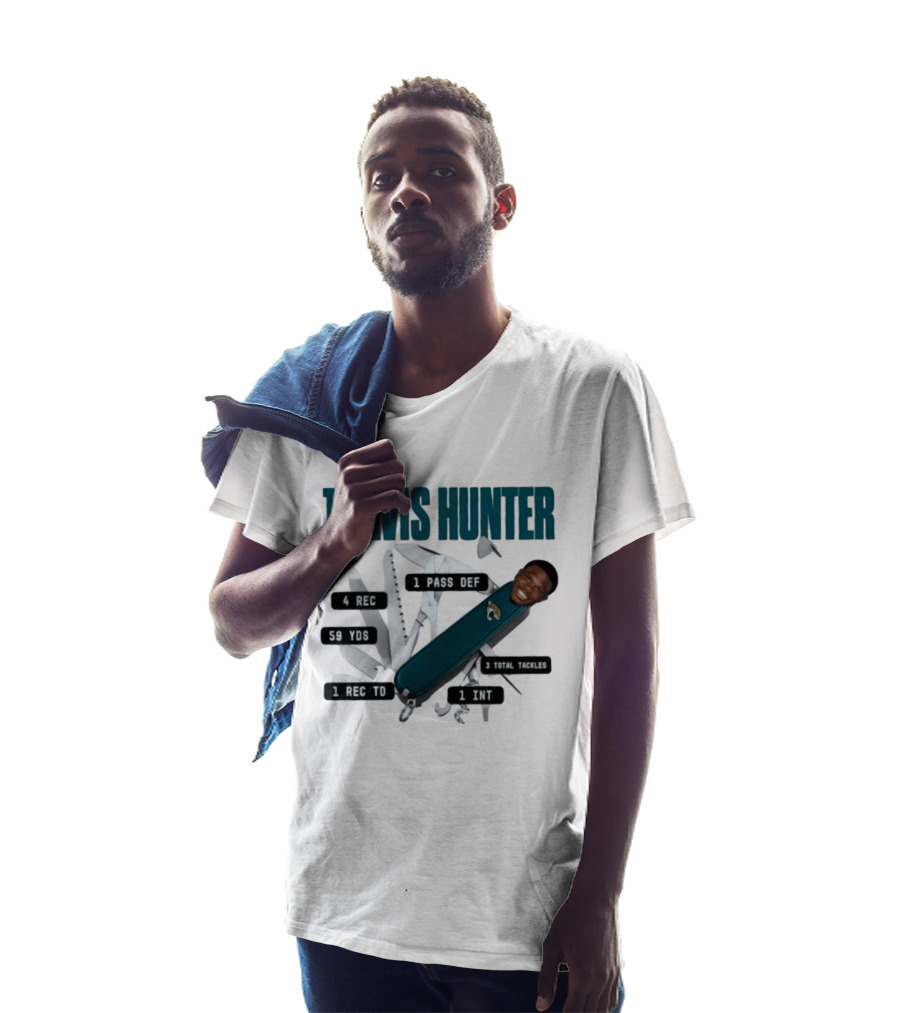 Travis Hunter Swiss Army Knife 4 REC 59 YDS 1 REC TD Jacksonville Jaguars T-Shirt