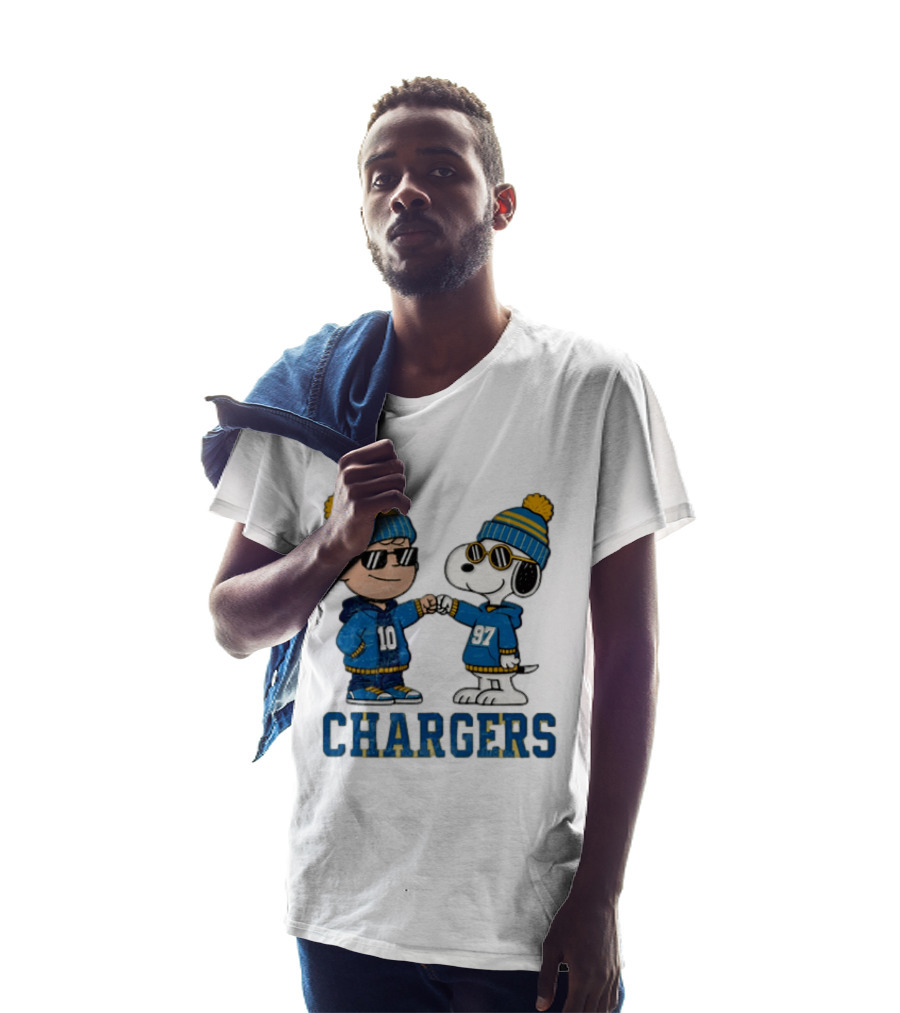 Los Angeles Chargers Charlie Brown Snoopy Fist Bump Blue Beanie Pom Pom T-Shirt